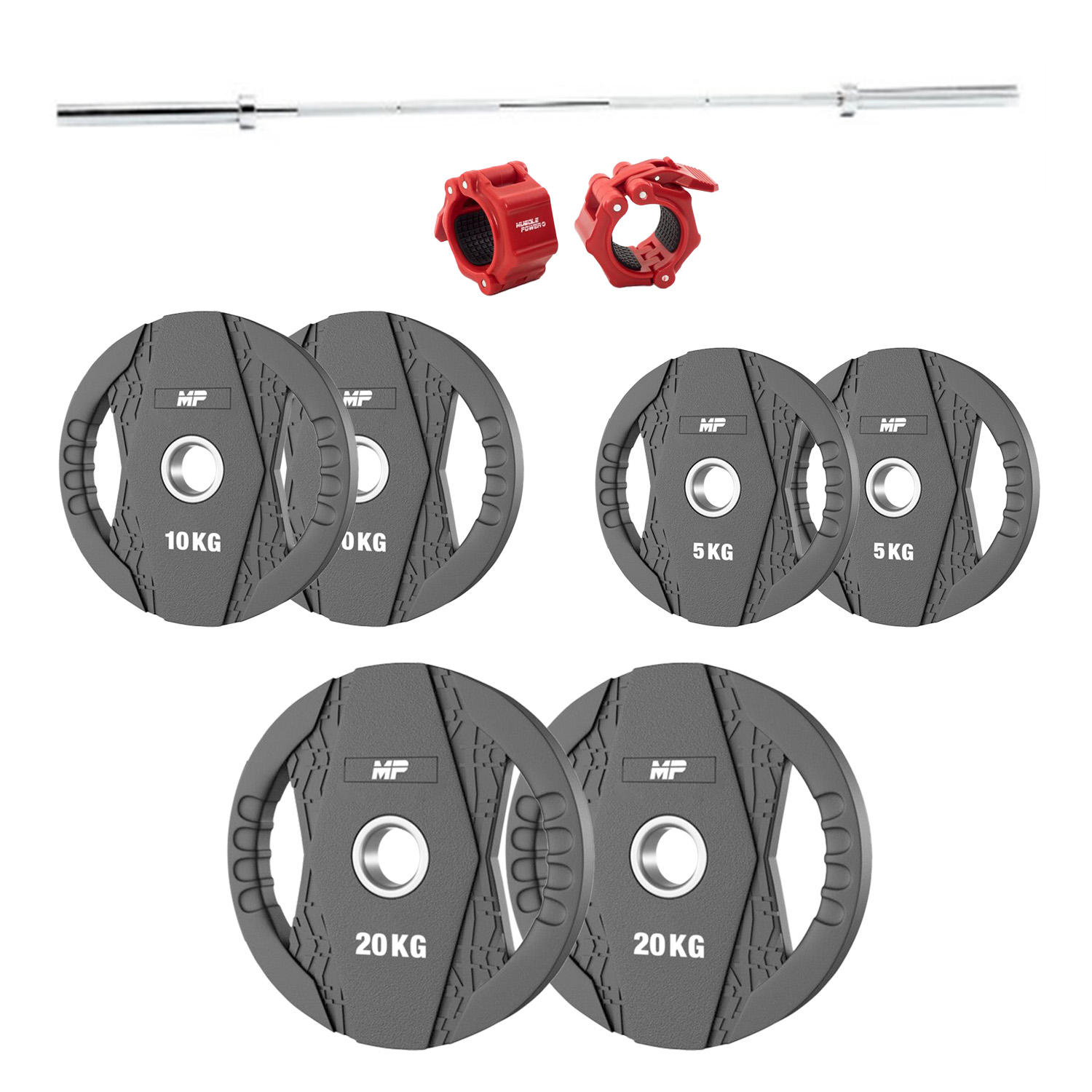 Aanbieding Muscle Power Olympische rubber halterschijf set 90KG + halterstang + collar set bij allesmetsport.nl