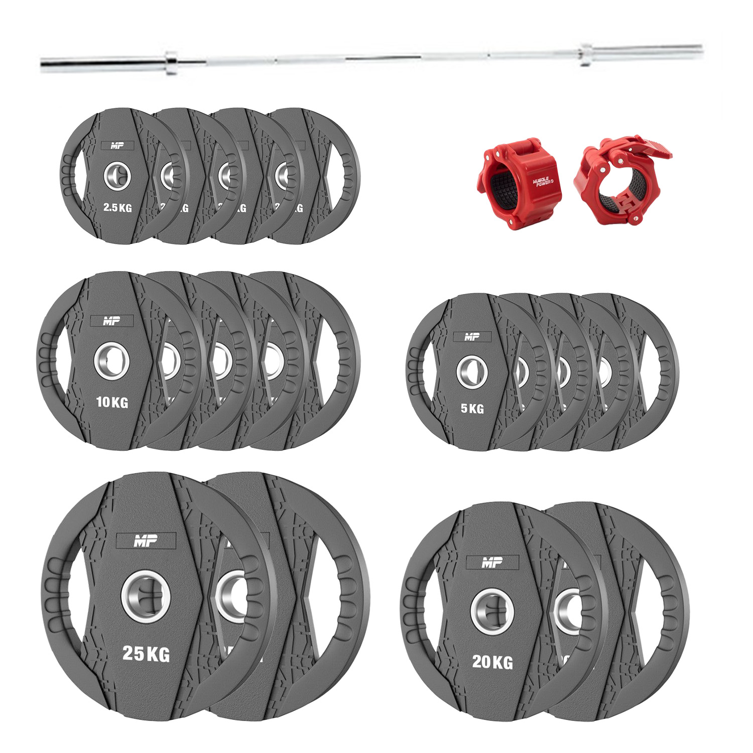 Aanbieding Muscle Power Olympische rubber halterschijf set 180KG + halterstang + collar set bij allesmetsport.nl